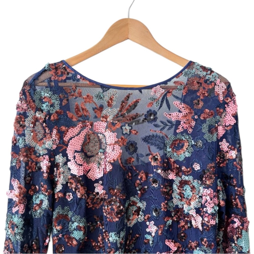 Anthropologie Navy Sequin Floral Mini Dress with Pink & Teal Embellishments